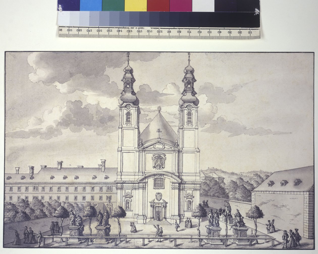 Hel sida: Servitkyrkans framsida i förorten Rossau (tuschteckning) av Salomon Kleiner