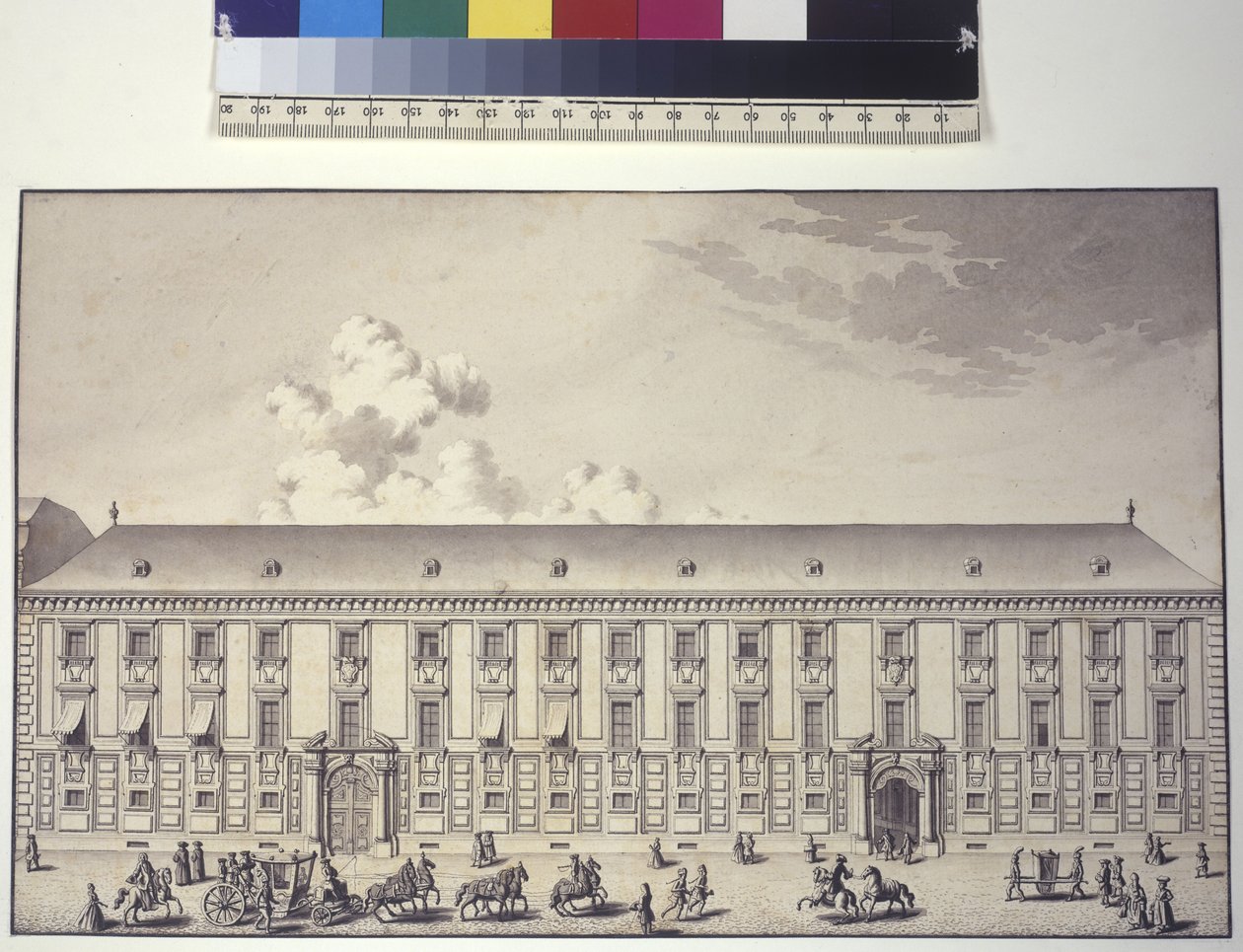 Hel sida: framsida av palatset i Nos (teckning med penna och bläck) av Salomon Kleiner