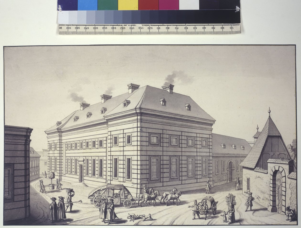 Hel sida: snedbild av orangeriet som tidigare låg mittemot Liechtensteins trädgårdspalats i Rossau (tuschteckning) av Salomon Kleiner
