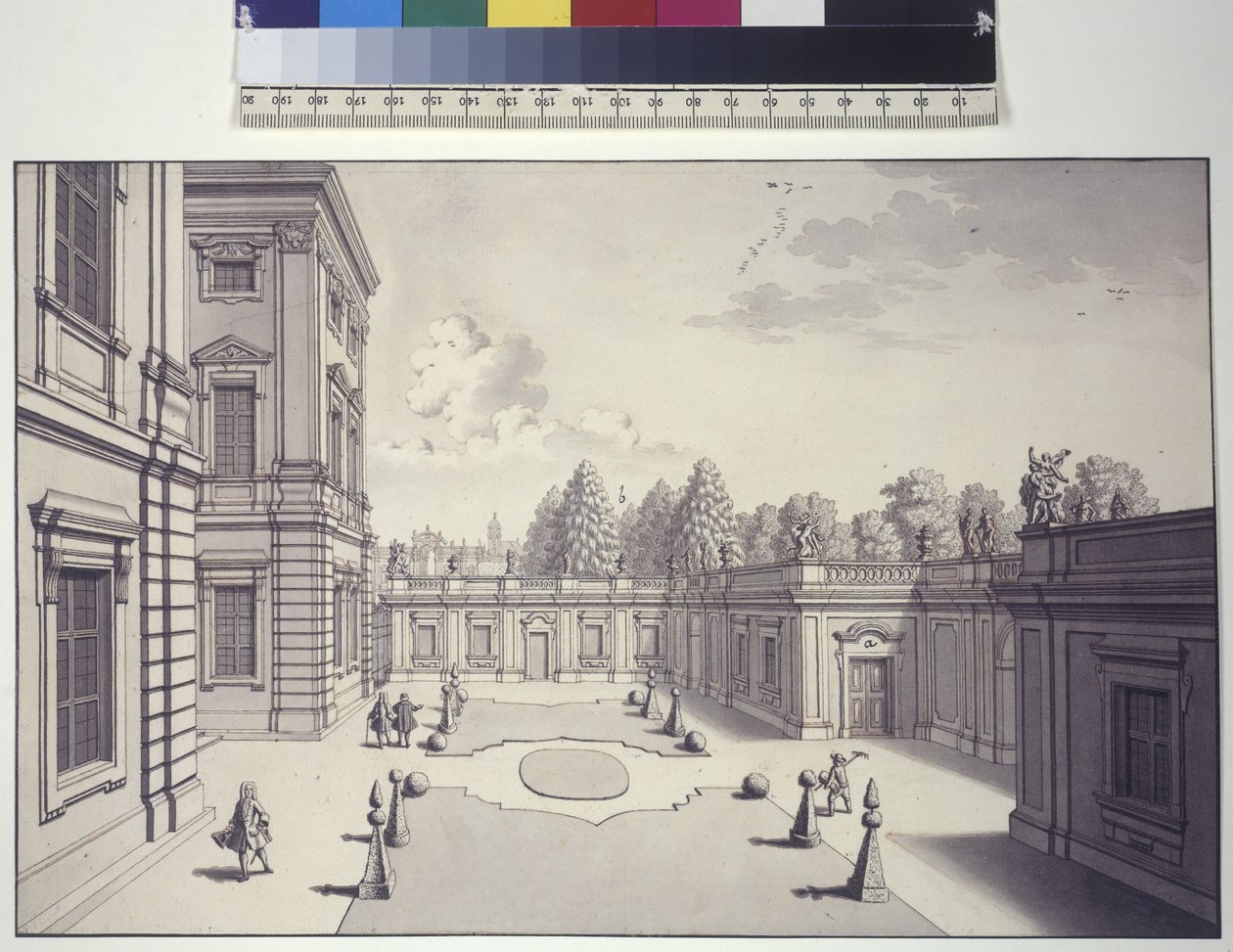 Hel sida: vy över trädgårdarna vid Liechtensteins slott av Salomon Kleiner