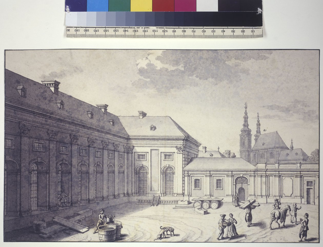 Hel sida: vy av den inre gården på framsidan av Orangeriet (tuschteckning) av Salomon Kleiner
