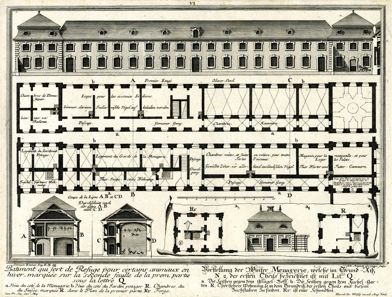 Grund- och fasadritningar av vintermenageriet och porthusen av Salomon Kleiner