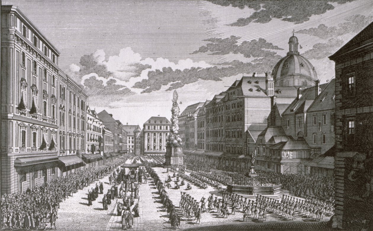 Vy över en procession i Graben graverad av Georg-Daniel Heumann (1691-1759) av Salomon Kleiner