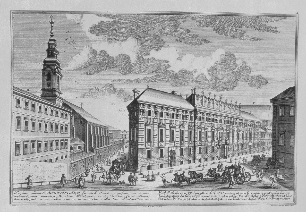 Utsikt över Dorotheergasse som visar Stallburg och klosterkyrkan i Dorotheum graverade av Hieronymous Sperling (1695-1777) av Salomon Kleiner