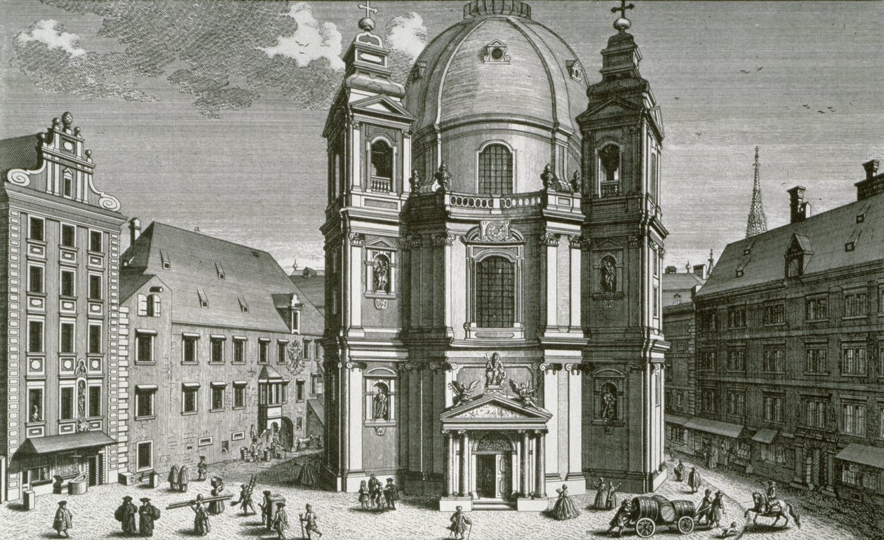Vy över Peterskirche, Wien graverad av Johann Bernard Hattinger av Salomon Kleiner