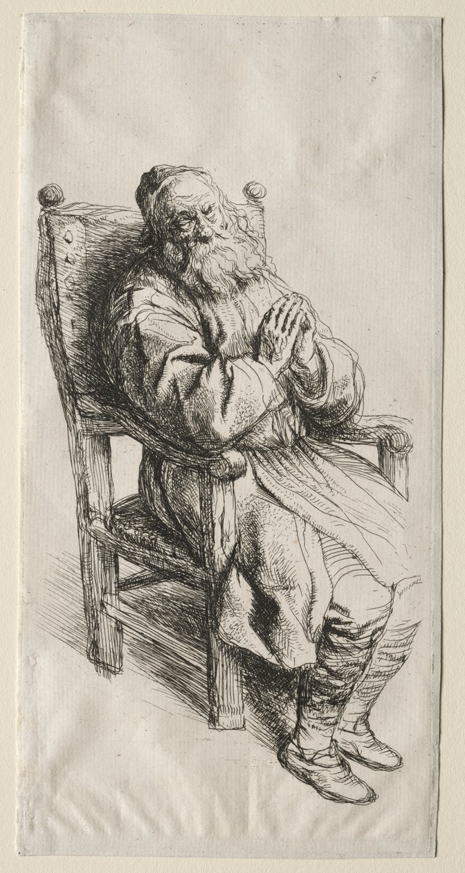 En gammal man i en stol som ber av Salomon Koninck