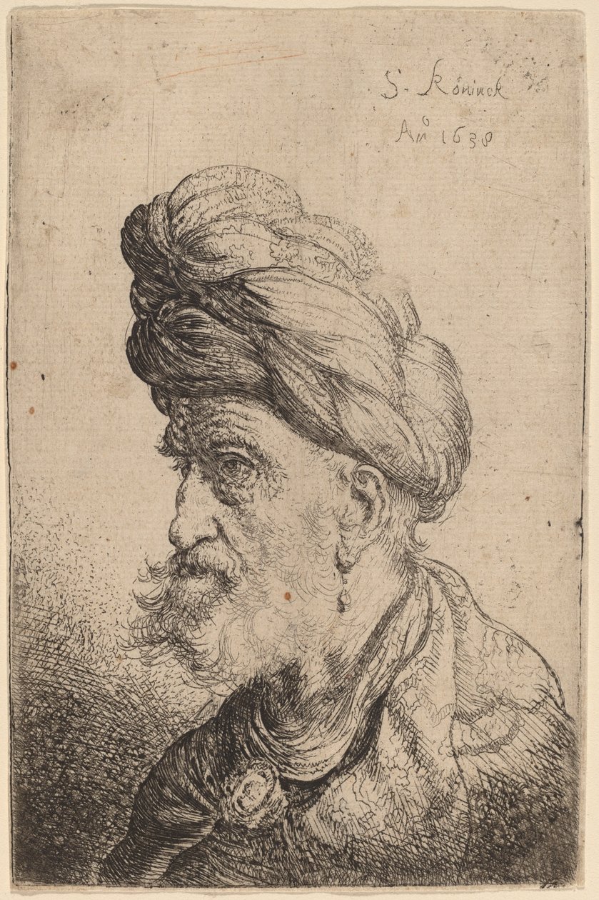 Byst av en man med turban vänd åt vänster av Salomon Koninck