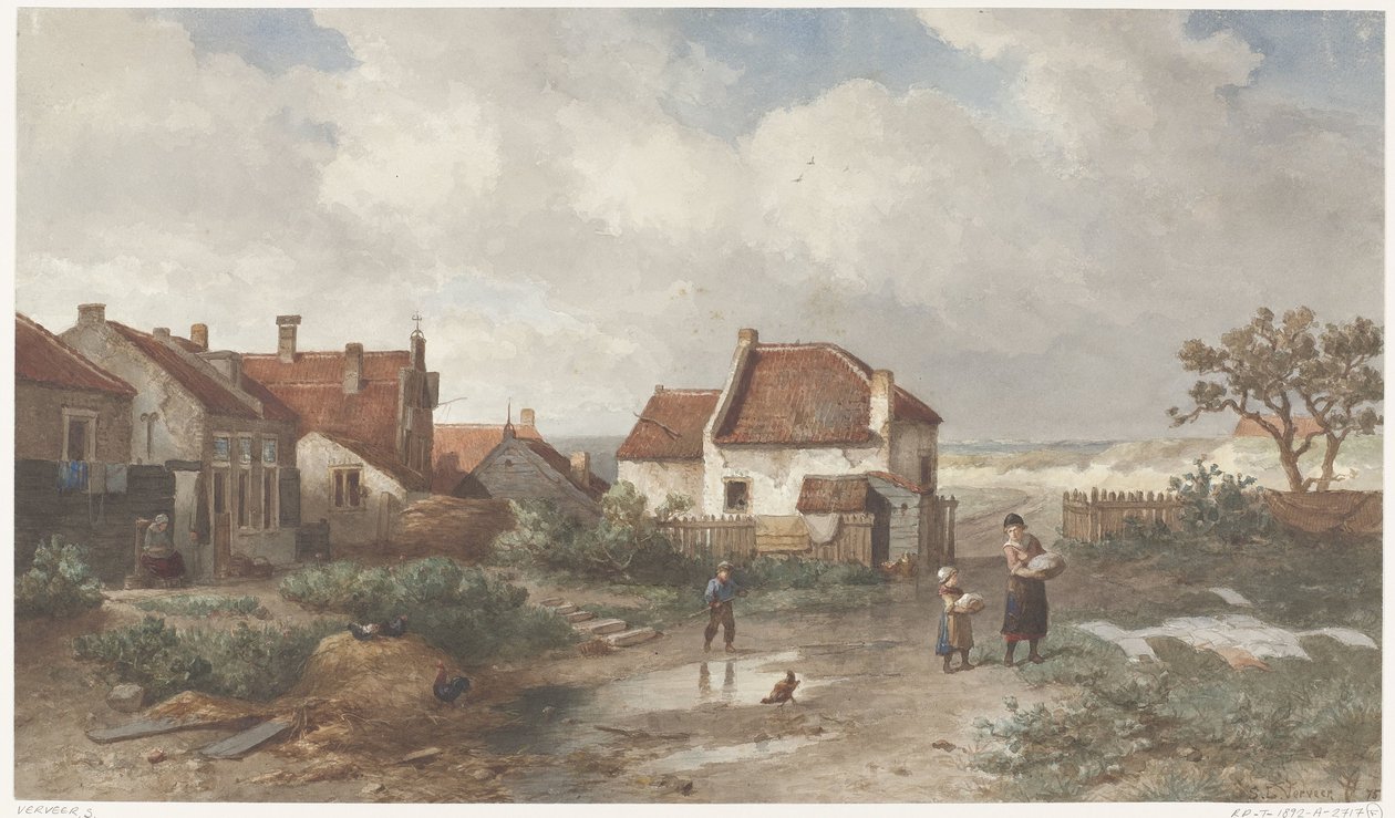 Hus vid kanten av en by i sanddynerna av Salomon Leonardus Verveer