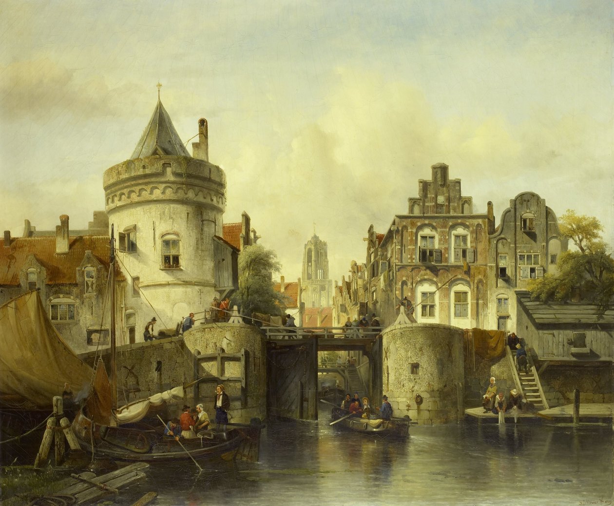 Imaginary View baserad på Kolksluis, Amsterdam av Salomon Leonardus Verveer