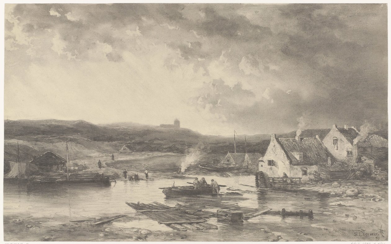Flodlandskap med några hus och en vattenkvarn av Salomon Leonardus Verveer