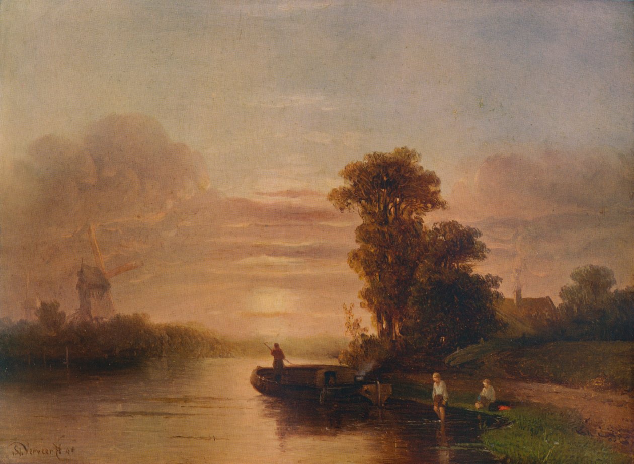 Solnedgång på en flod, med väderkvarn och stuga, 1848, 1938 av Salomon Leonardus Verveer