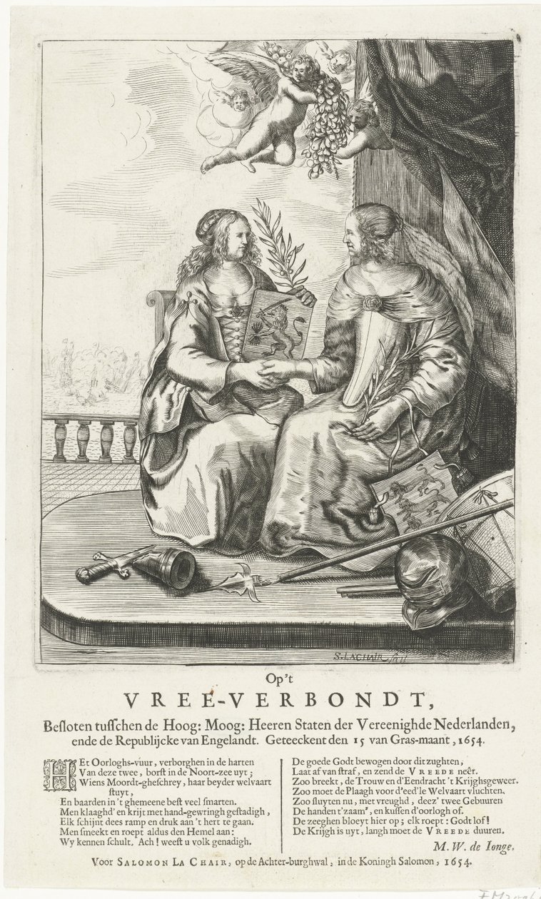 Fras till freden i Westminster, 1654 På Vree-Verbondt, Stängt mellan det höga: Moog: Heeren Staten der Vereenighde Nederland, ende Republikcke van Englandt. Geteeckent den 15 van Gras-maant, 1654 (titel på objekt) av Salomon Pietersz. Lachair