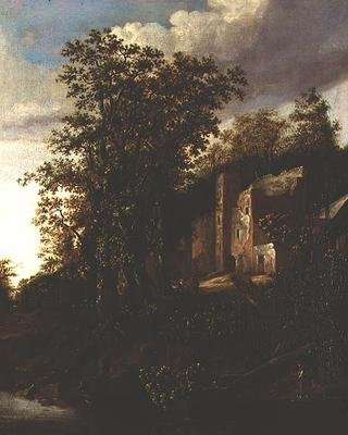 Ett trädbevuxet flodlandskap med bönder vid en förstörd herrgård av Salomon Rombouts
