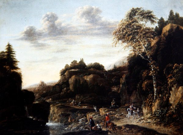 Skogbevuxen landskap med svensexa vid en flod, ca 1690 (olja på duk) av Salomon Rombouts