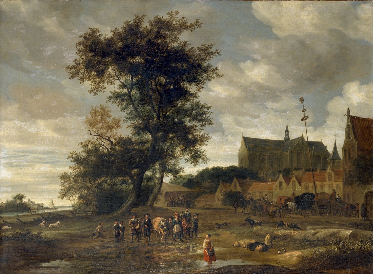 Scen framför en majstång med Alkmaar-kyrkan i bakgrunden, 1669 av Salomon Ruysdael