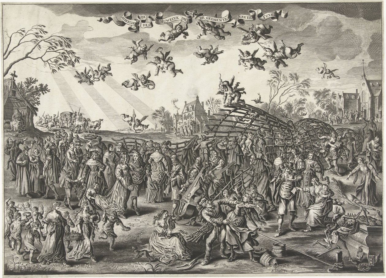Äktenskapsfällan: Allegori om äktenskap Bild av huwelyxen i form av en fuyk (titel på objekt) av Salomon Savery (attributed to)