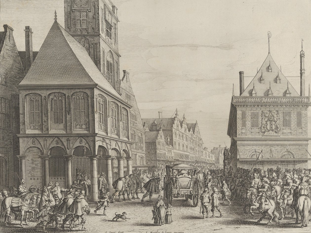 Stadsdomare tar avsked med Marie de Medici före rådhuset, från Caspar Barlaeus..., 1638. av Salomon Savery
