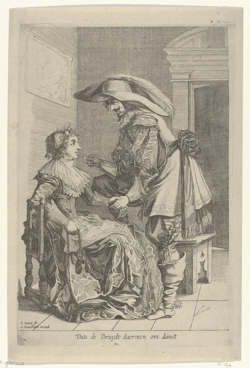 Man erbjuder en kvinna ett mynt Dats de Bruydt daermen om danst (titel på objekt) av Salomon Savery