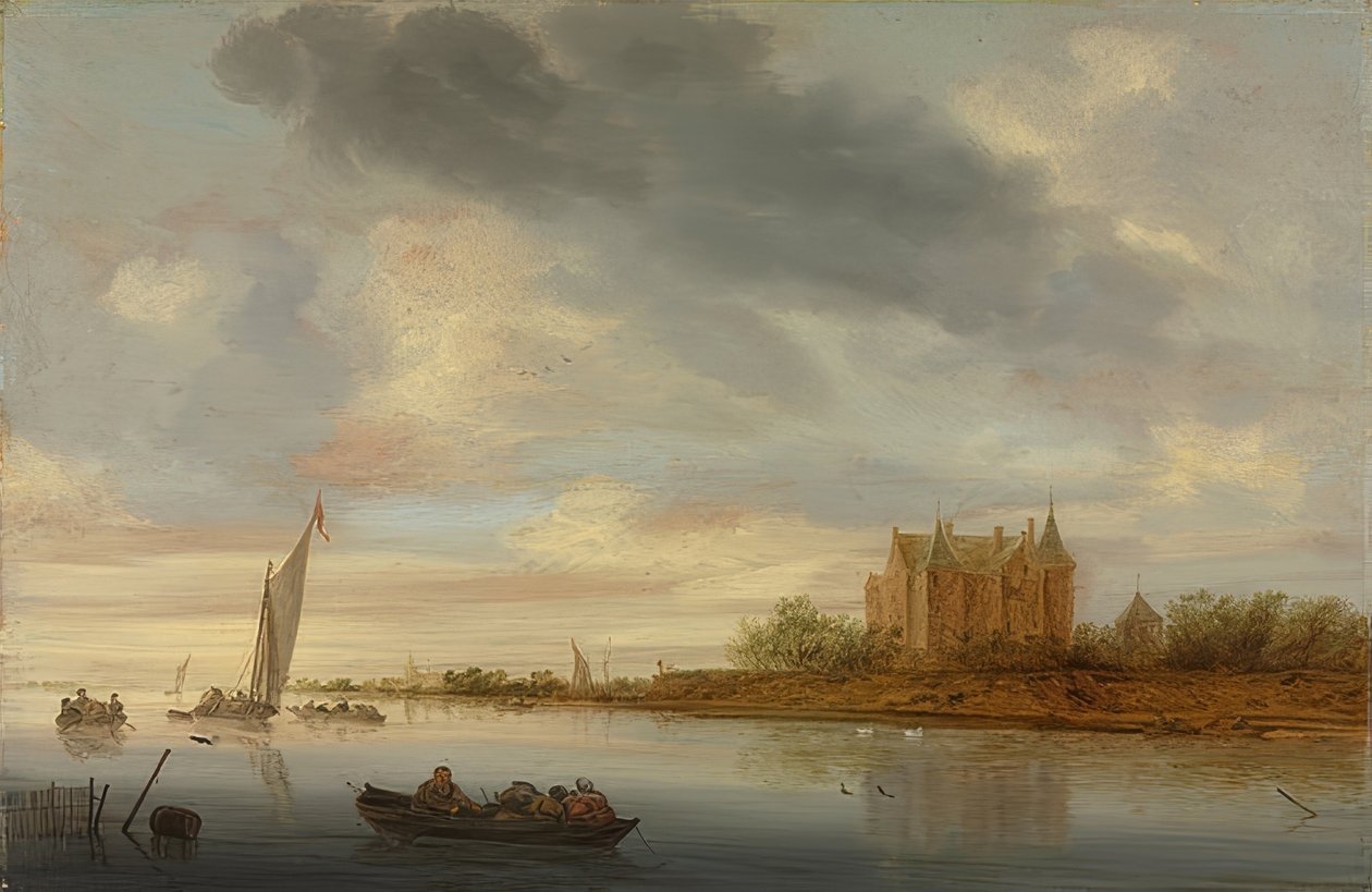Slott vid en flod. 1644 av Salomon van Ruisdael or Ruysdael