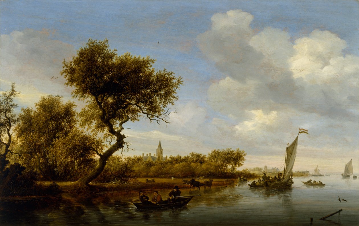 Flodlandskap med en kyrka i fjärran, ca 1655-1660 (olja på trä) av Salomon van Ruisdael or Ruysdael