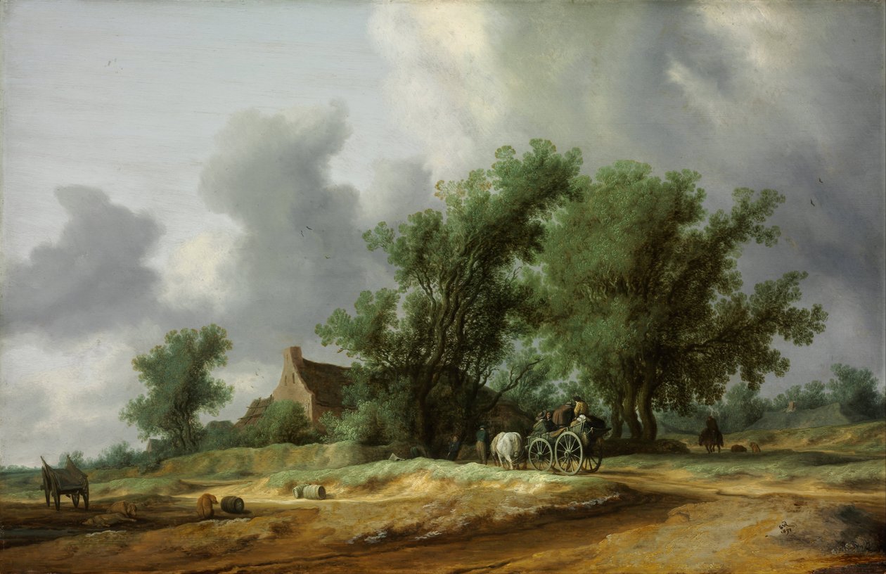 Vägen i sanddynerna med en vagn - Peinture de Salomon Jacobsz van Ruisdael (1600/3-1670) - 1631 - Olja på trä - 56x86,4 - Szepmuveszeti Muzeum, Budapest av Salomon van Ruisdael or Ruysdael