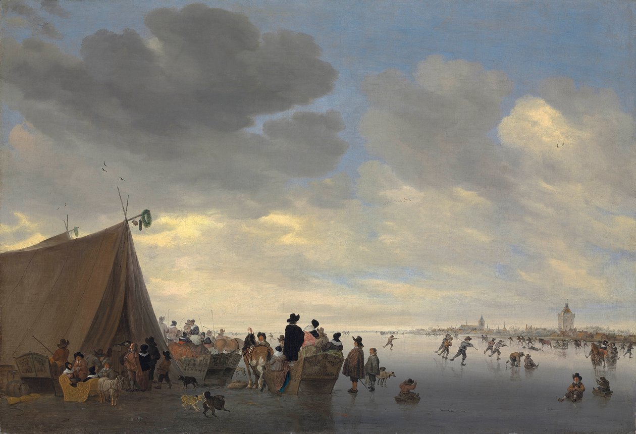 Skridskoåkare på den frusna floden Lek, staden Vianen bortom, 1653 av Salomon van Ruisdael or Ruysdael