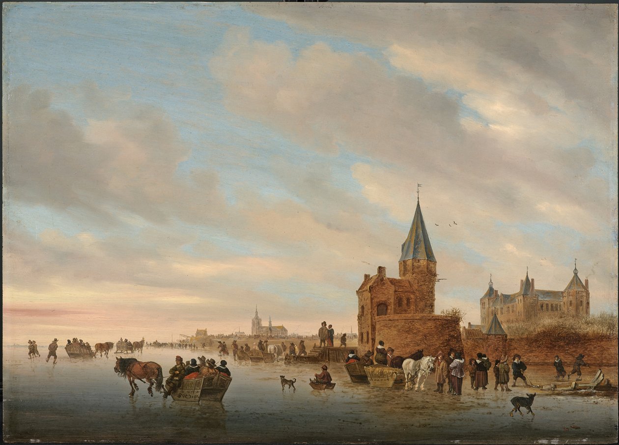 Vinterlandskap med isnöjen framför en Capriccio av staden Arnheim, 1652 av Salomon van Ruisdael or Ruysdael