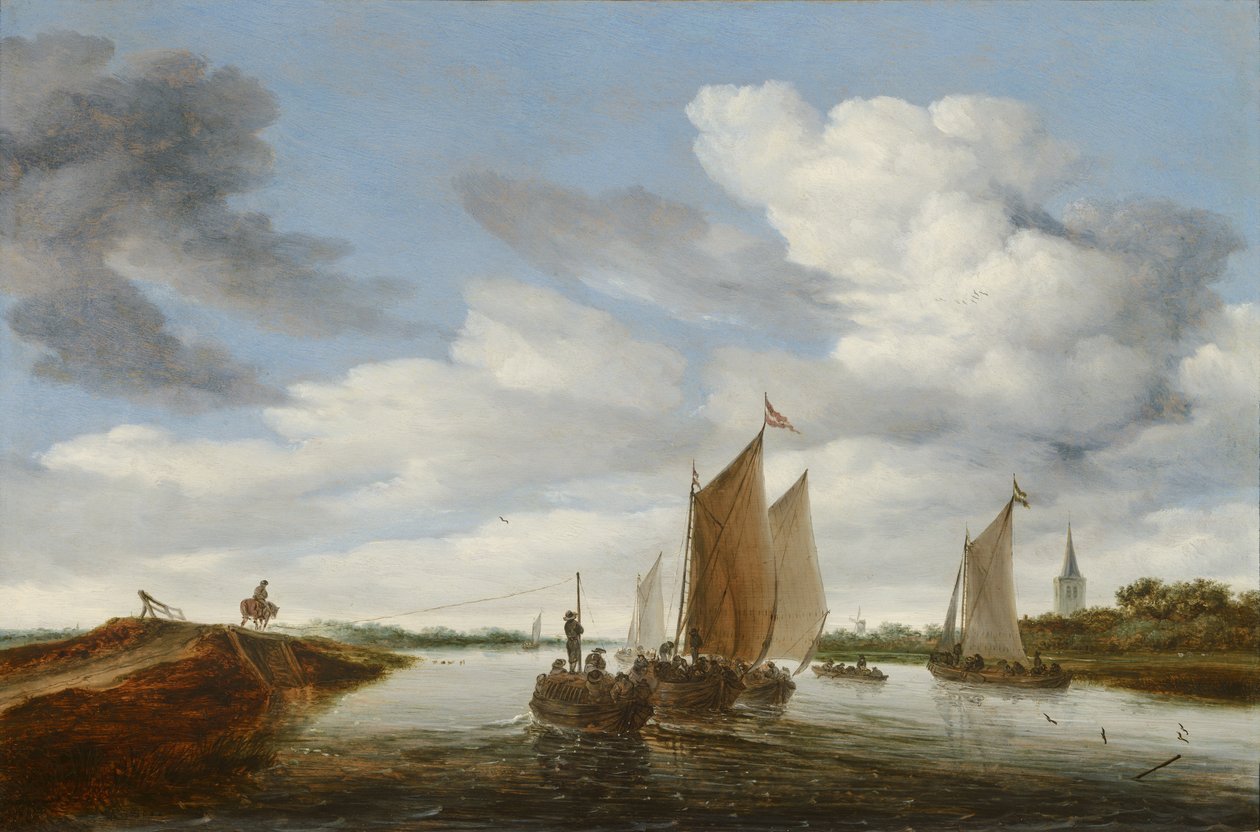 Flodlandskap med segelbåtar och en hästdragen pråm av Salomon van Ruysdael