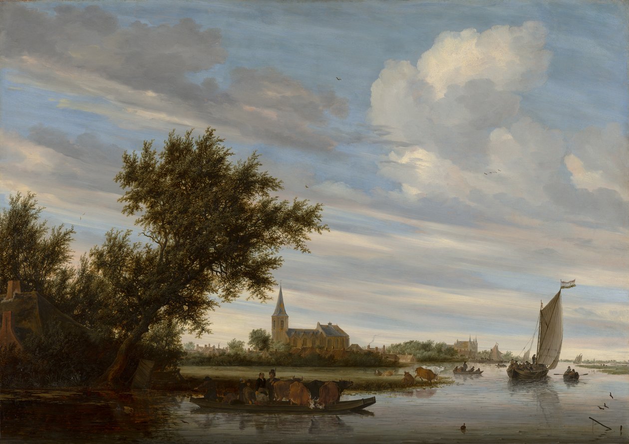 Flodvy med kyrka och färja av Salomon van Ruysdael