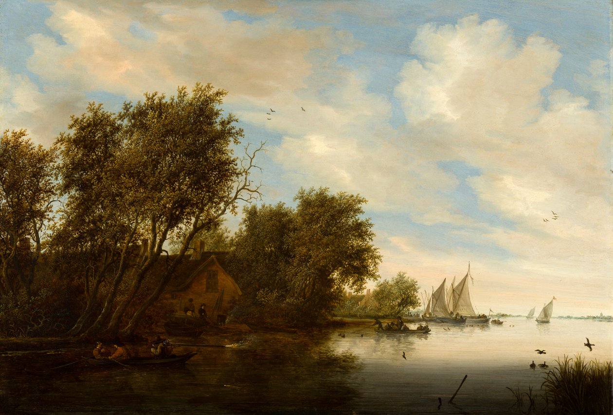 Flodvy med en man som jagar änder av Salomon van Ruysdael