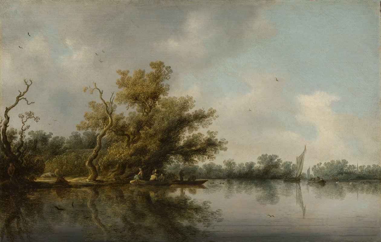 Flodstrand med gamla träd av Salomon van Ruysdael
