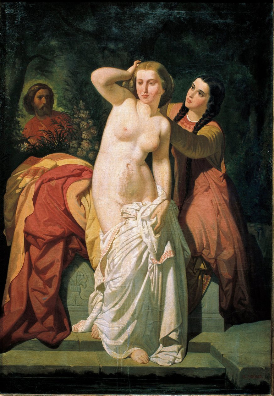 ""David och Batseba"" David tittar på Batseba som badar. Målning av Salustiano Asenjo Arozarena (1834-1897) 1800-talet Mått 131 x 89 cm Navarra Museum Pamplona Spanien av Salustiano Asenjo