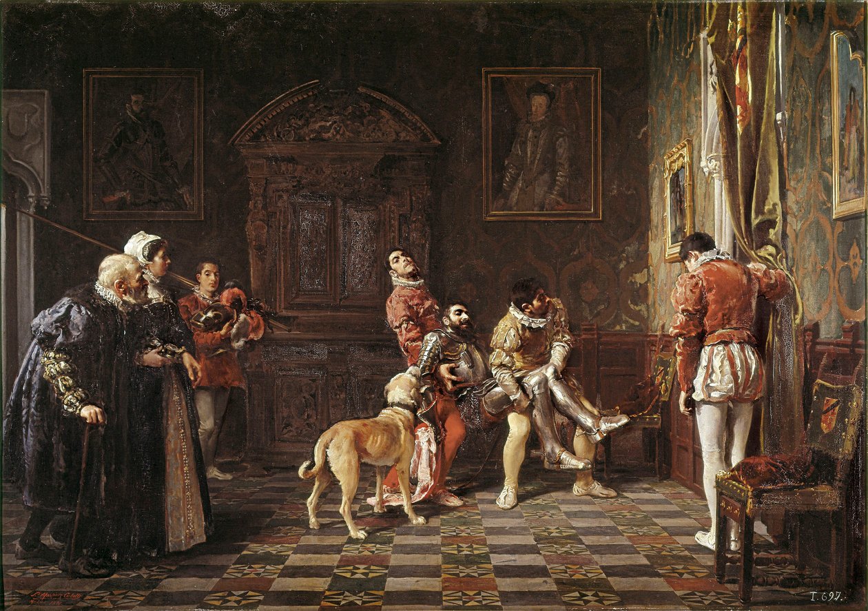 "" Återkomst av turneringen "" En ung riddare gör ont förs tillbaka till palatset, med stöd av två sidor. Målning av Salvador Martinez Cubells (1845-1914) 1881 Valencia. Museum of Bellas Artes San Pio av Salvador Martinez Cubells
