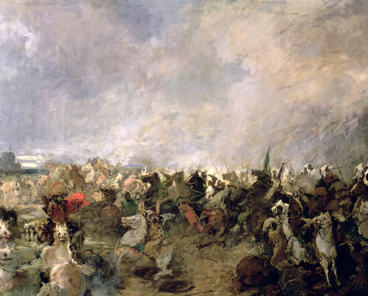 Slaget vid Guadalete detalj om goternas flykt från kung Roderiks kommando i närvaro av det muslimska kavalleriet av Tarik Ibn Ziyad, 711 AD (olja på duk) (detalj) av Salvador Martinez Cubells