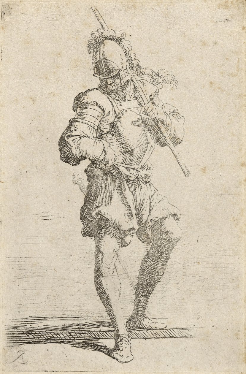 En krigare, håller en stav över axeln och kliver av en låg avsats, ca 1656-57 (etsning med torrnål på lagt papper) av Salvator Rosa