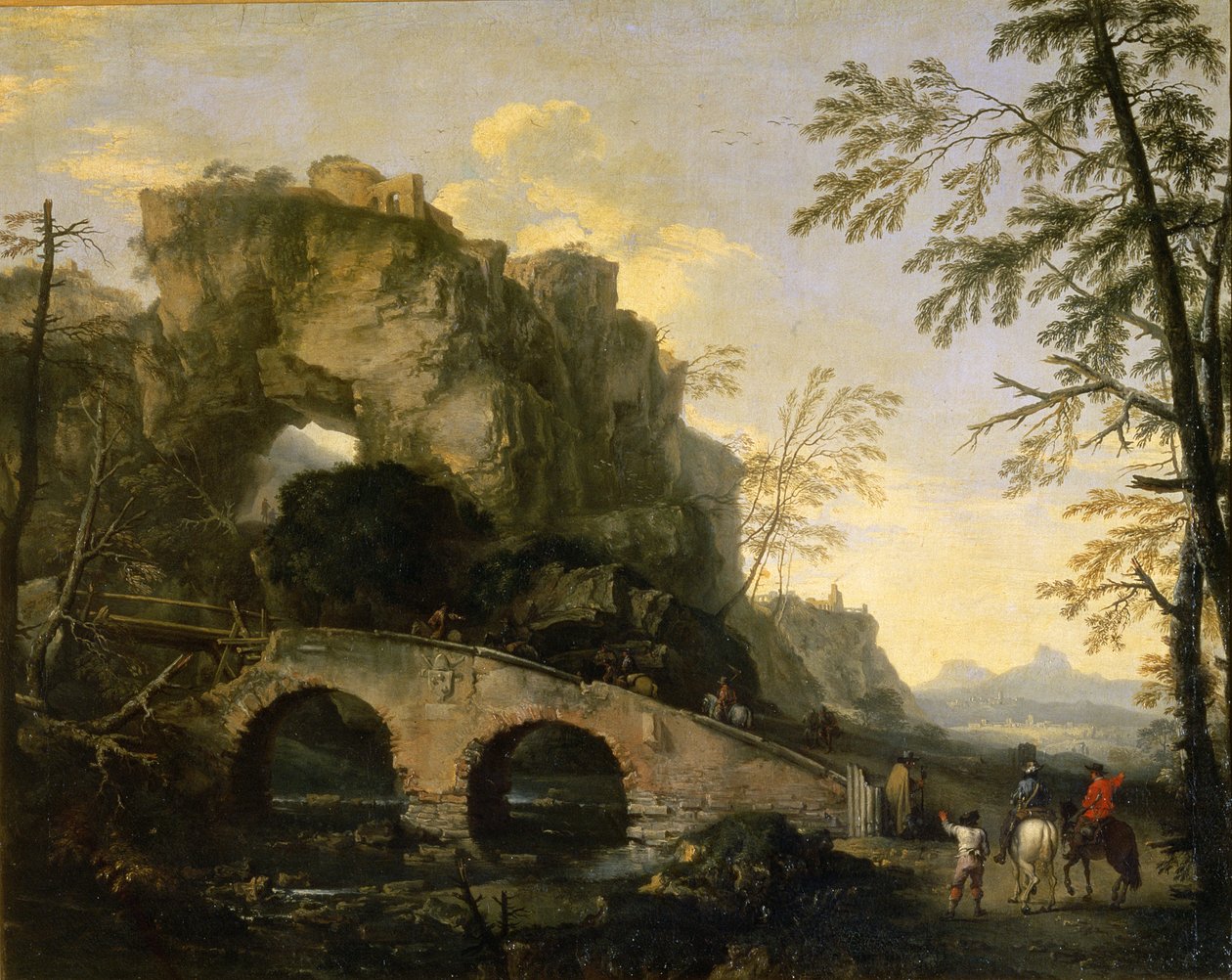Landskap med en förfallen bro av Salvator Rosa