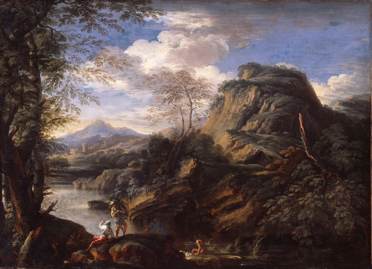 Bergslandskap med figurer och en man som badar av Salvator Rosa