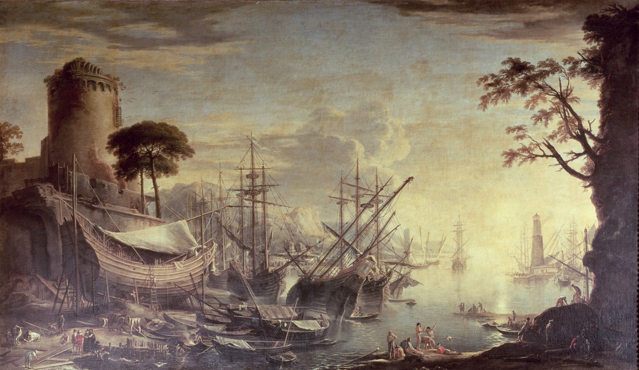 Hamn vid solnedgången av Salvator Rosa