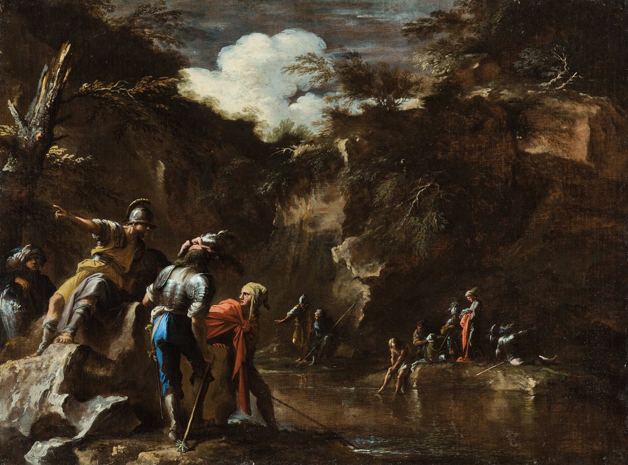 Scene from Greek history- Thales causing the river to flow on both sides of the Lydian army av Salvator Rosa