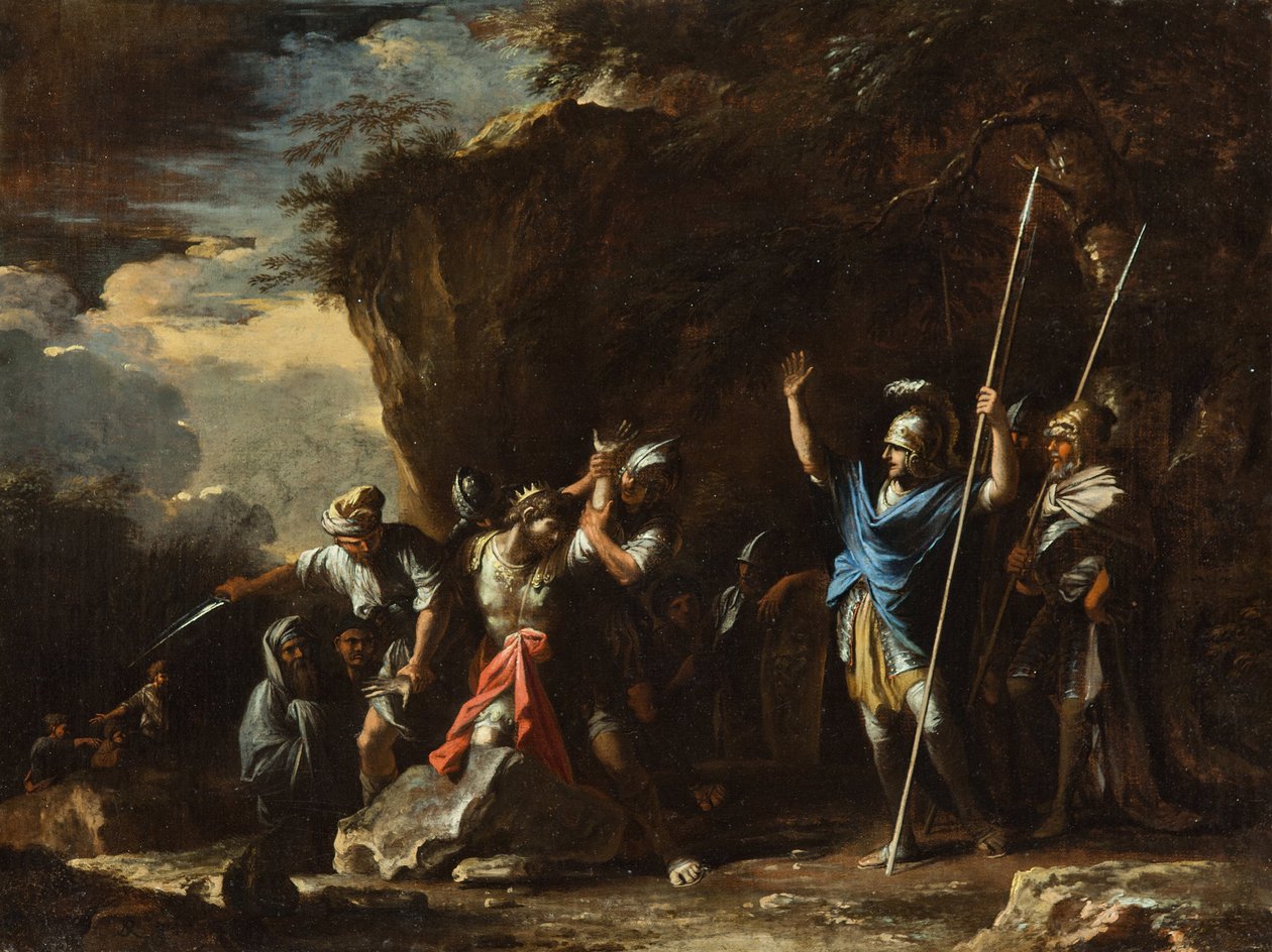 Scene from Greek history- The deaf-mute son of King Croesus prevents the Persians from killing his f... av Salvator Rosa