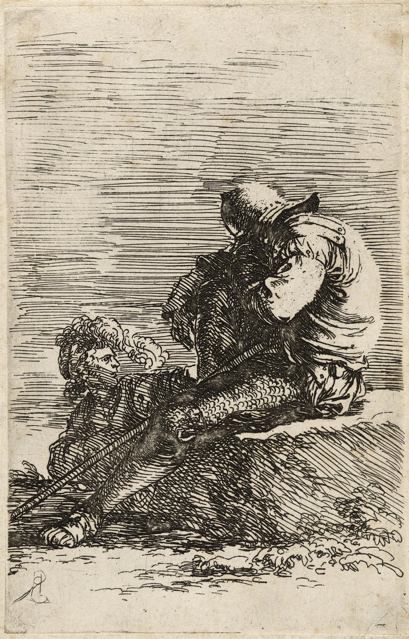 Två soldater, en sittande på en avsats med en käpp, ca 1656-57 (etsning på lagt papper) av Salvator Rosa