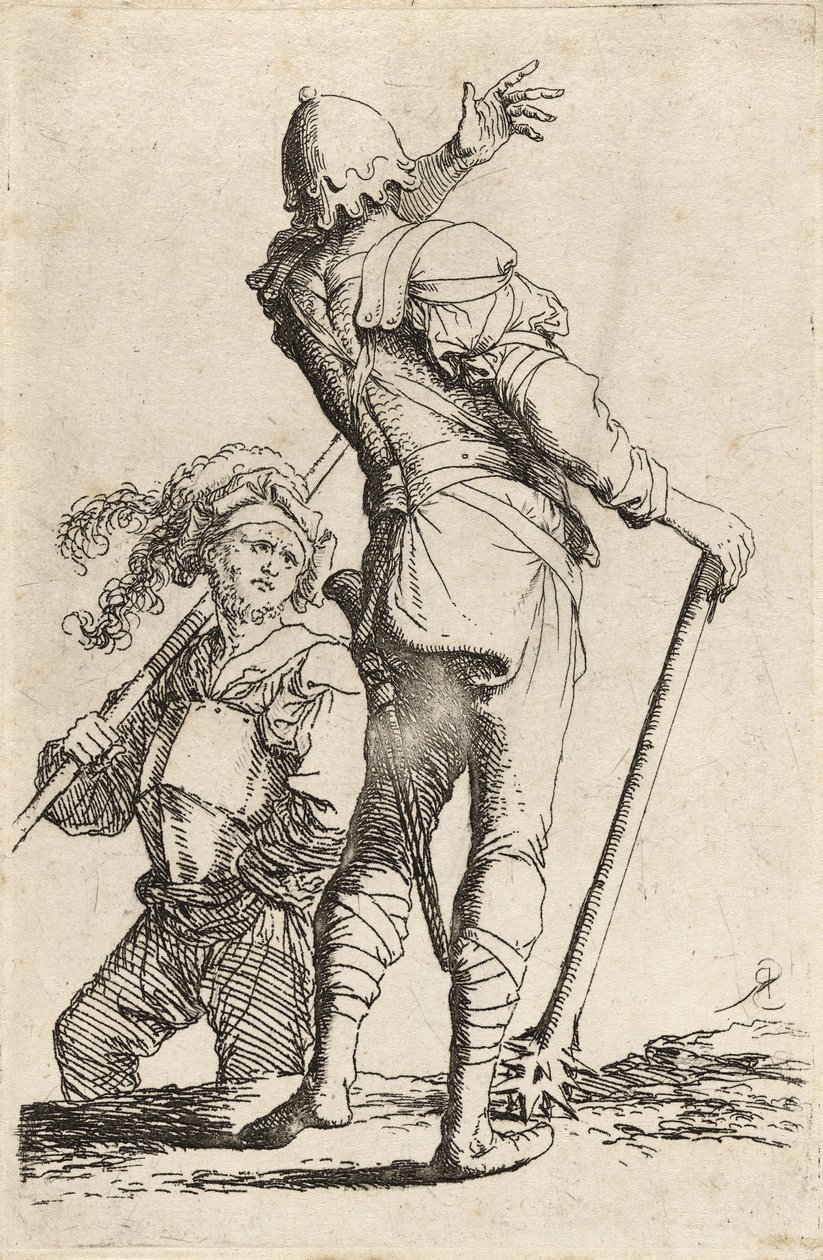 Två krigare, den ene håller i en mace och vänder sig för att vinka den andre, ca 1656-57 (etsning med torrnål på lagt papper) av Salvator Rosa