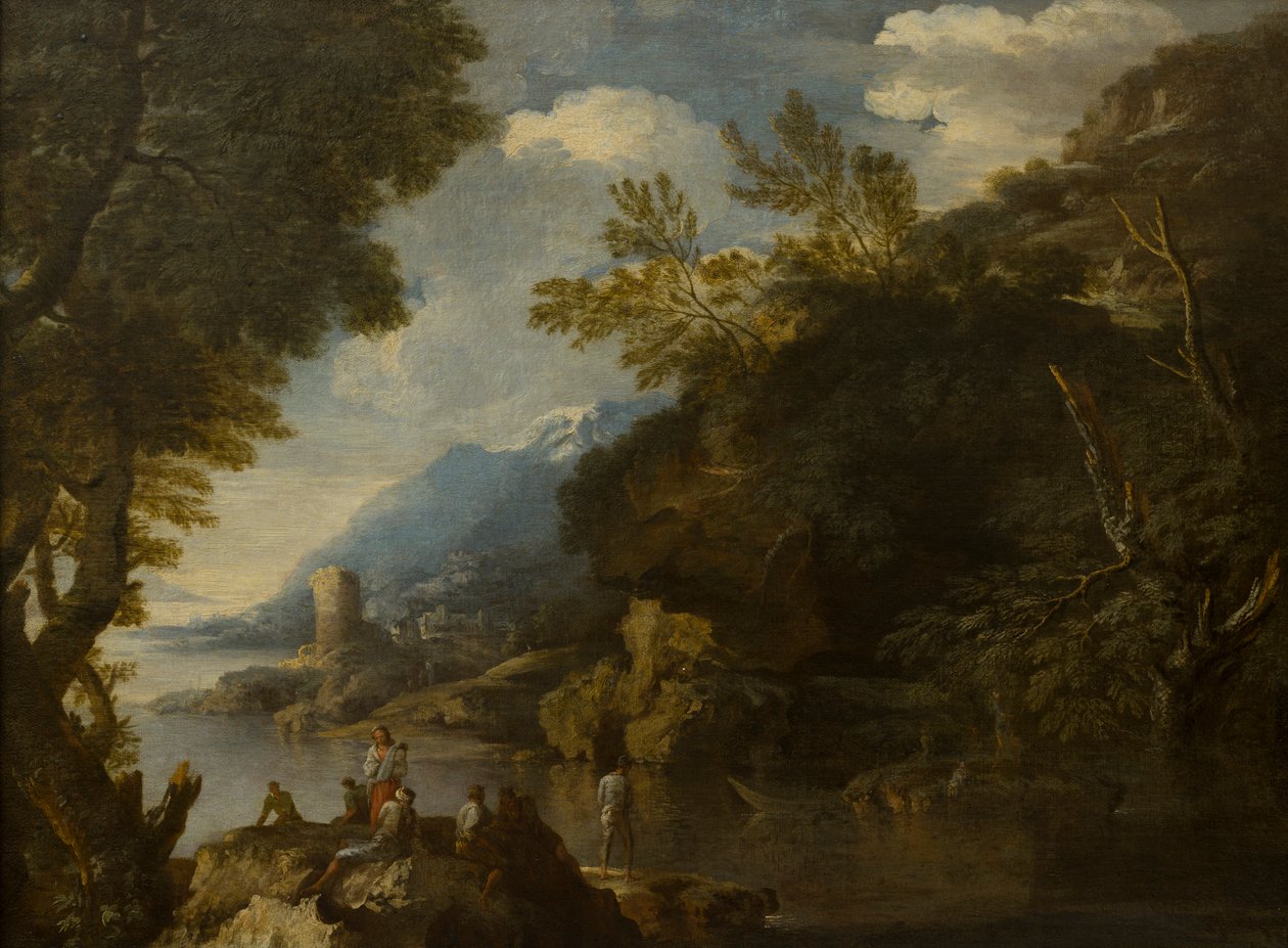 Landskap med figurer och båtar, ca 1635-73 (olja på duk) av Salvator (follower of) Rosa