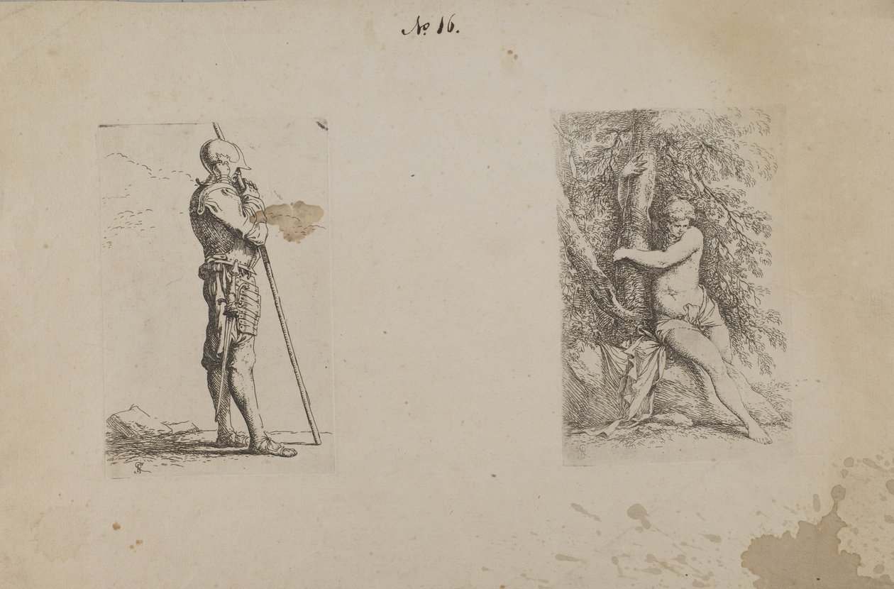 (Figurserie) Pansarman, håller i spjut av Salvator Rosa