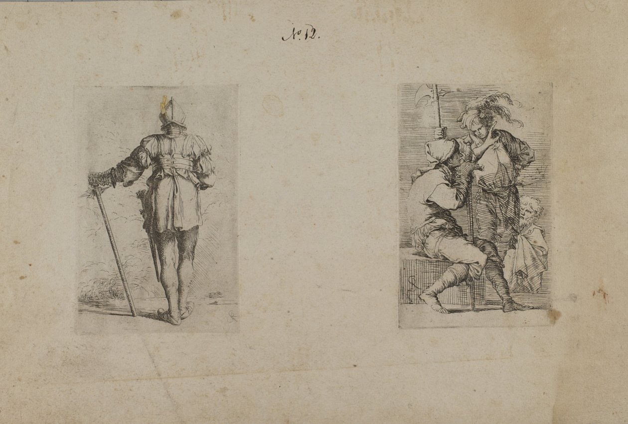 (Figurinserie) Baksida av hjälmförsedd man, stående av Salvator Rosa