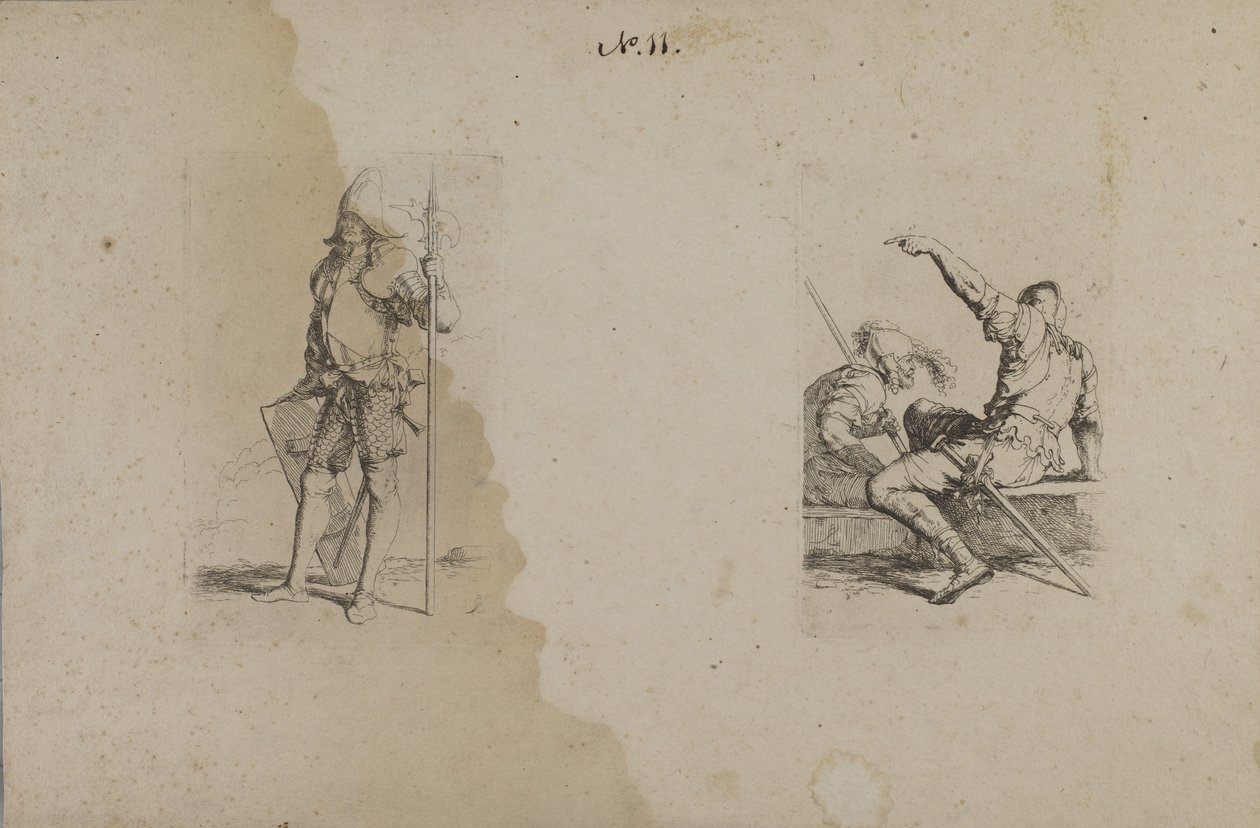 (Figurinserie) Hjälmförsedd man med utsmyckat spjut/Ax av Salvator Rosa