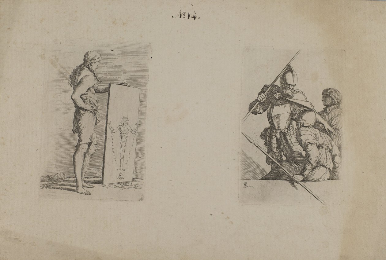 (Figurinserie) Långhårig man med skylt av Salvator Rosa