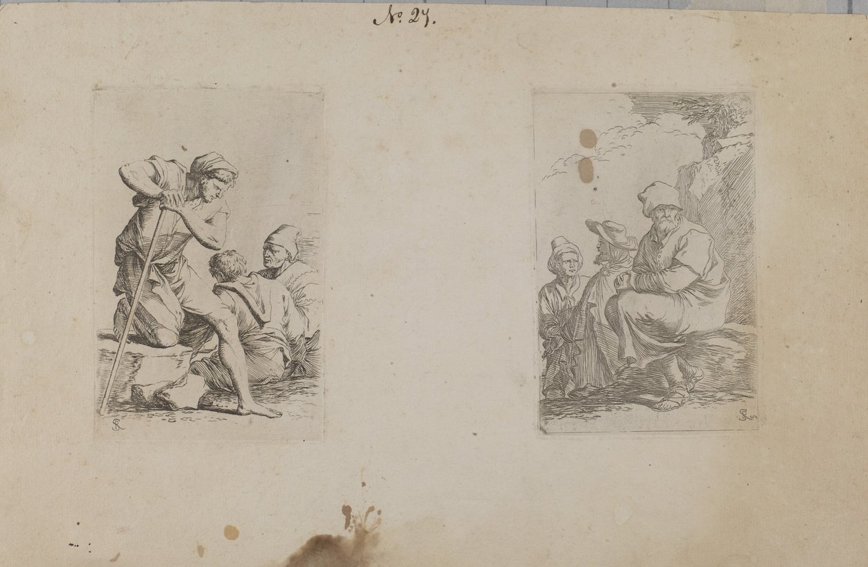 (Figurinserie) Man på knä med ett ben på sten av Salvator Rosa