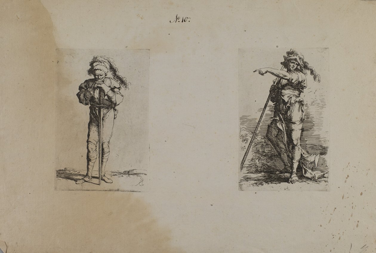 (Figurserie) Gammal man med plymerad hatt, vilande händer av Salvator Rosa