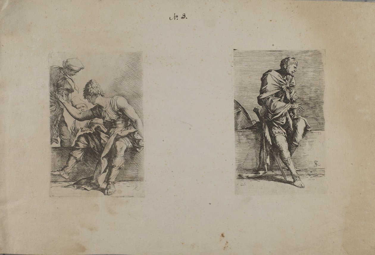 (Figurinserie) Sittande figur med spetsigt huvud av Salvator Rosa